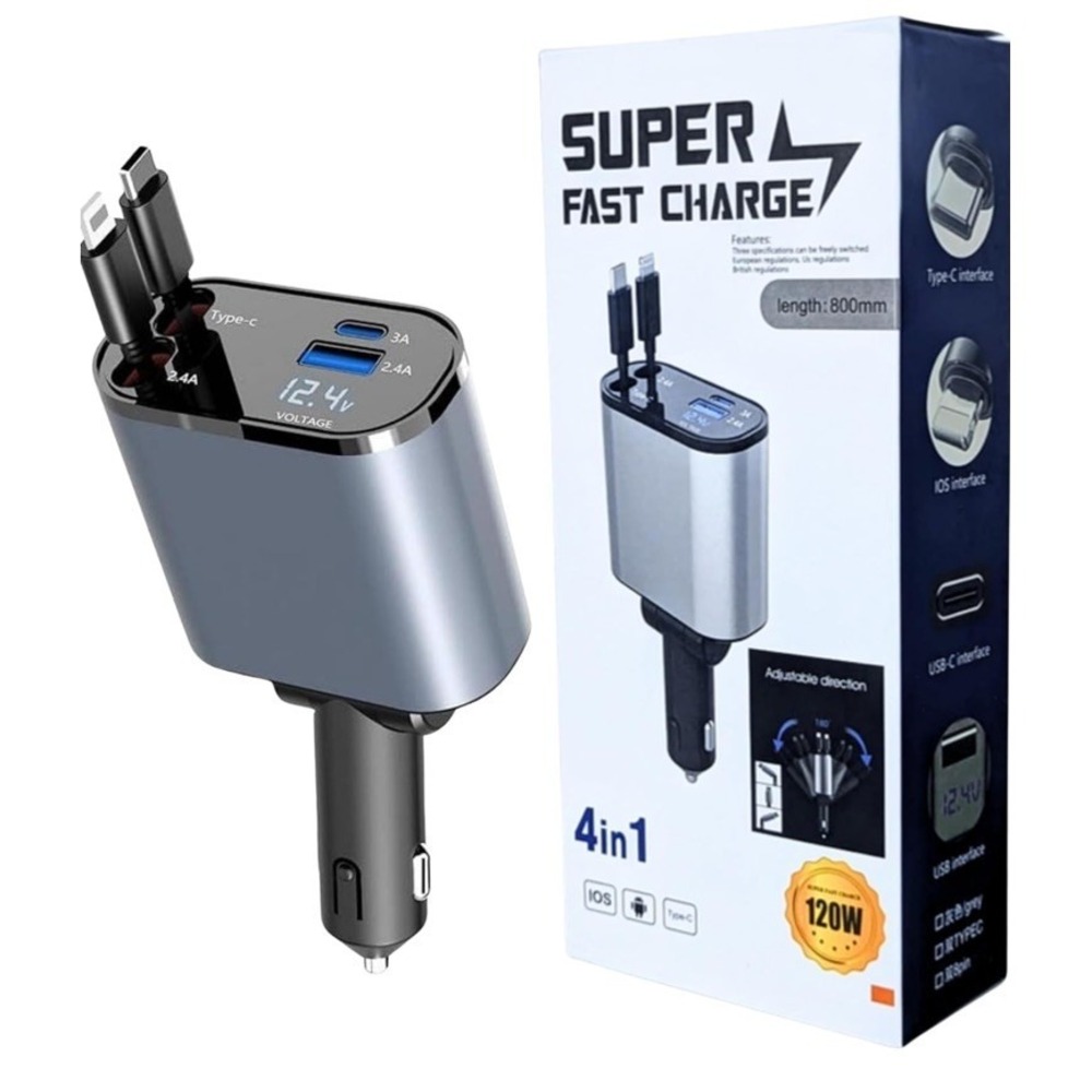 4in1 Retractable Super Fast Phone Charger 120W USB Type C Cable 12V Car Charger